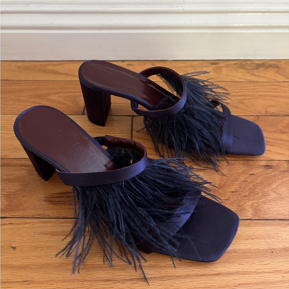 STAUD Navy Feather-Trim Block Heel Mules